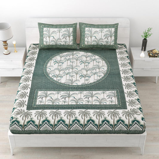 Khajoor print Cotton double bedsheet with 2  pillow cover Green