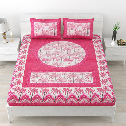 Khajoor print Cotton double bedsheet with 2  pillow cover Pink