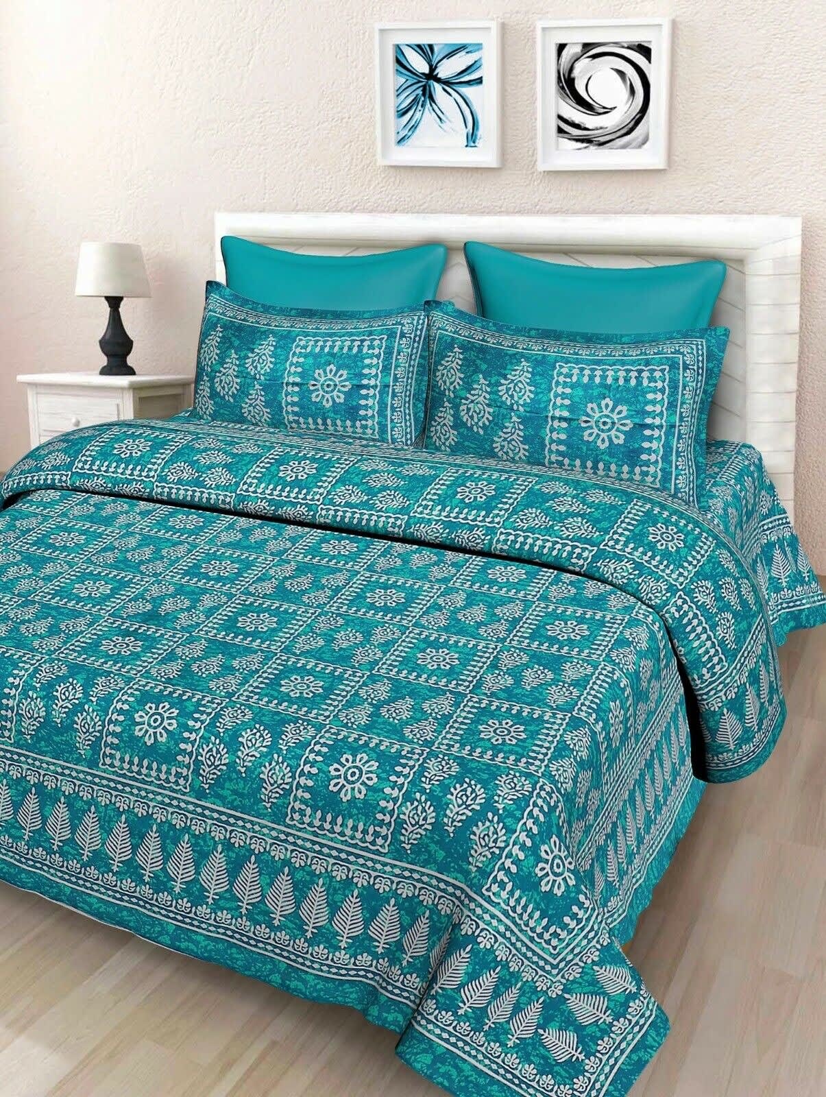 Jaipuri Prints Cotton Double Bedsheet (Seagreen)
