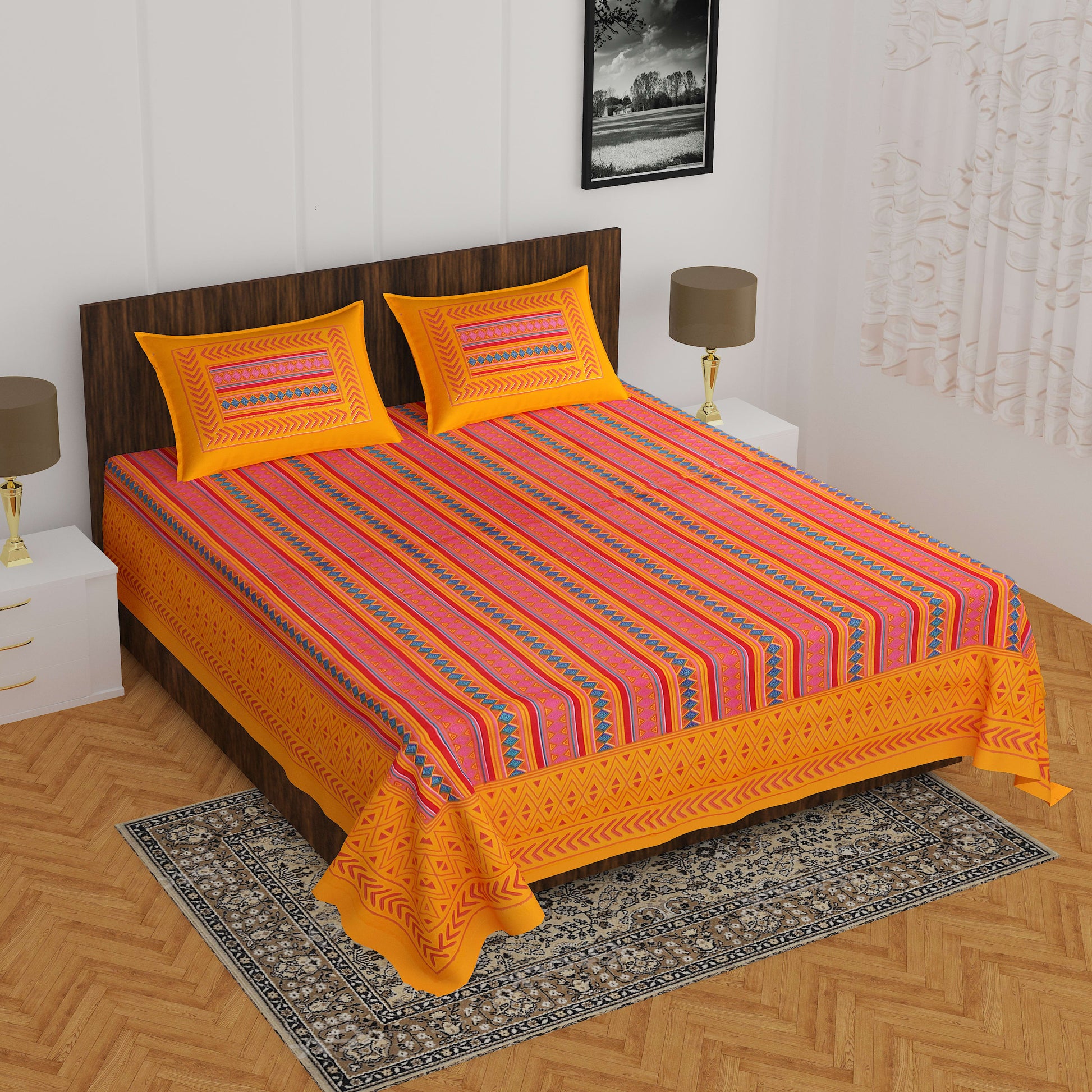 Jaipuri Prints Cotton Double Bedsheet (Yellow)
