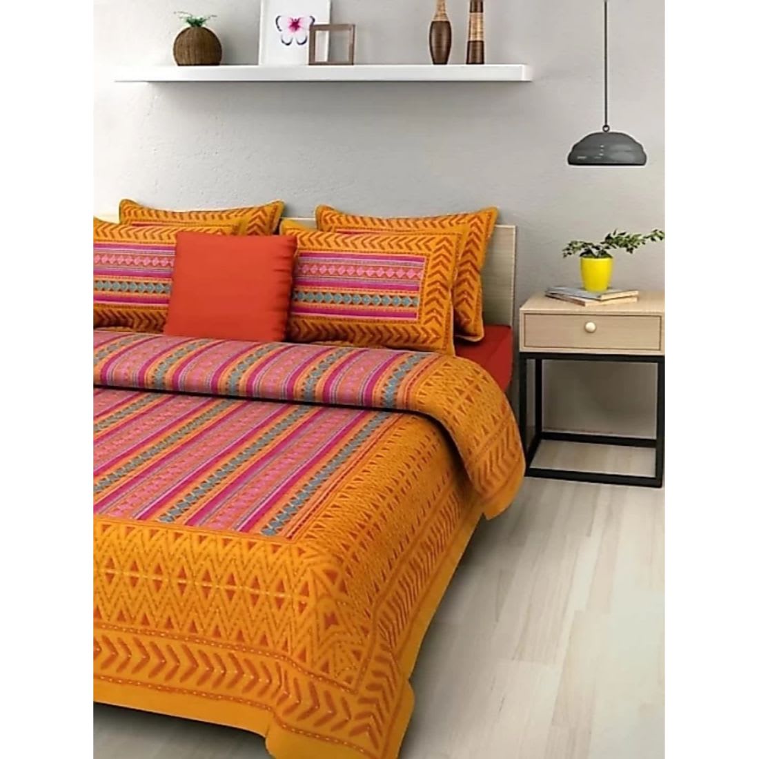 Jaipuri Prints Cotton Double Bedsheet (Yellow)