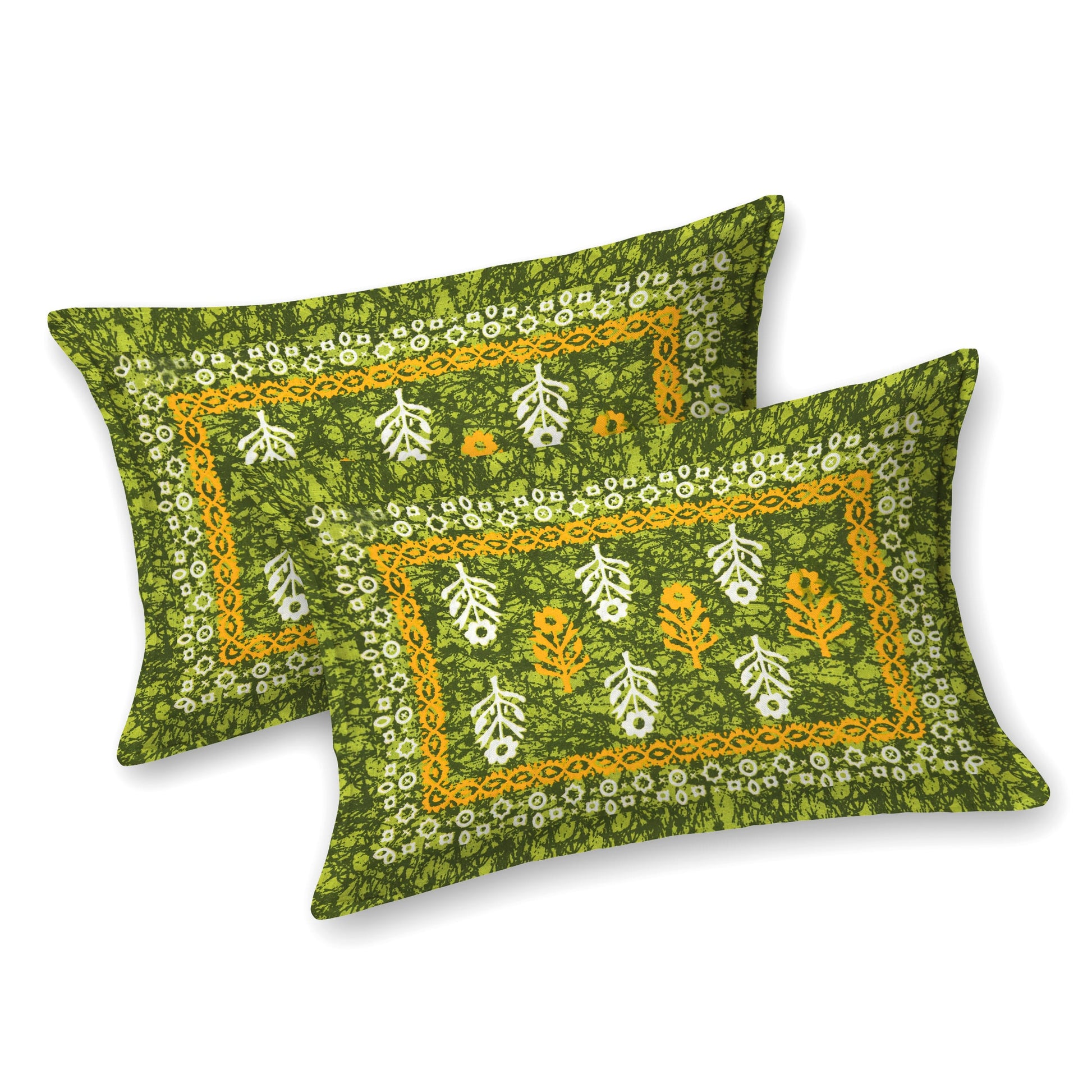 Motif Printed Jaipuri Cotton Double Bedsheet with 2 Pillow Covers  (Green)