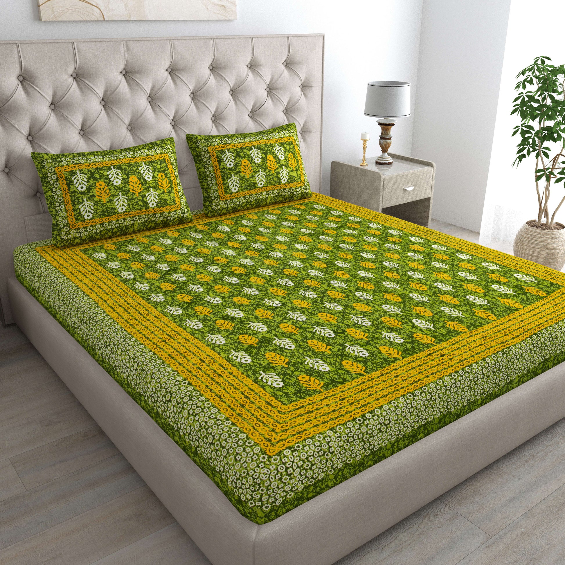 Motif Printed Jaipuri Cotton Double Bedsheet with 2 Pillow Covers  (Green)