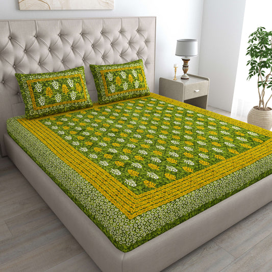 Motif Printed Jaipuri Cotton Double Bedsheet with 2 Pillow Covers  (Green)