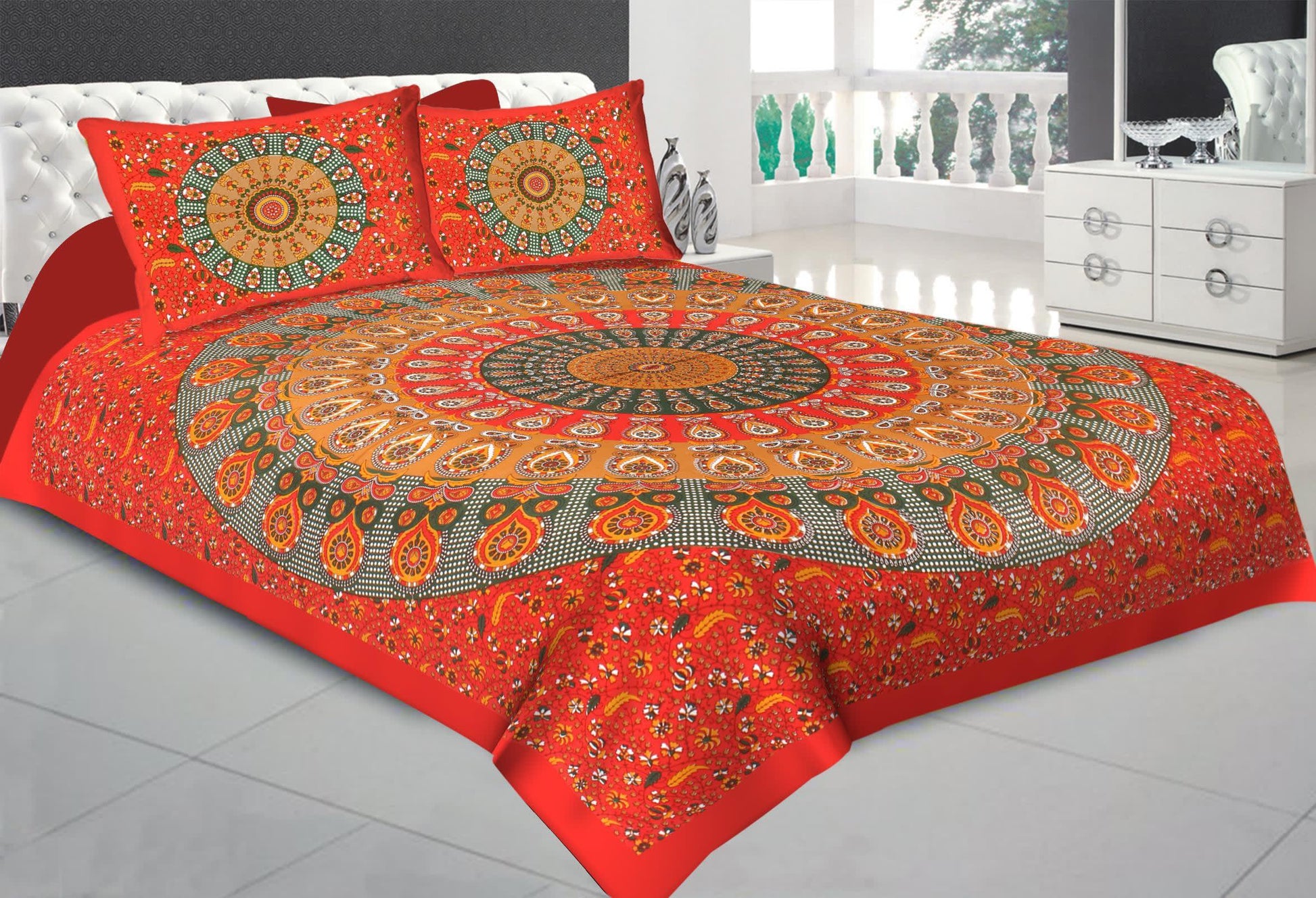 100% Cotton Printed Double Bedsheet (Red)