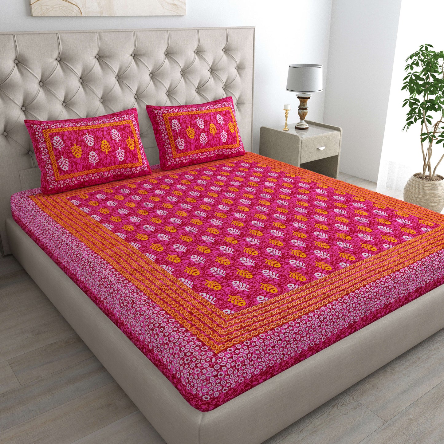 Motif Printed Jaipuri Cotton Double Bedsheet with 2 Pillow Covers (Pink)