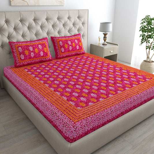Motif Printed Jaipuri Cotton Double Bedsheet with 2 Pillow Covers (Pink)