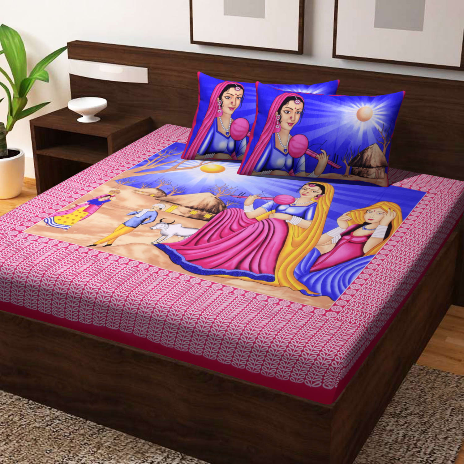 Jaipuri Prints Cotton Double Bedsheet (Pink)