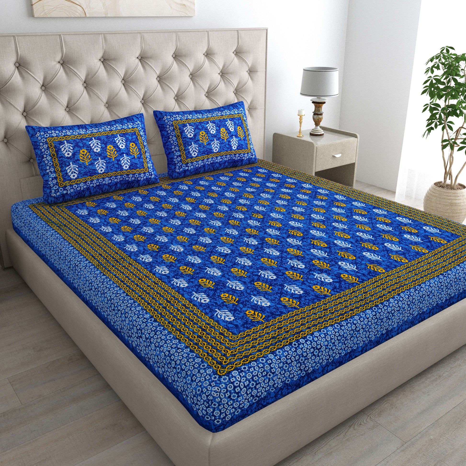 Motif Printed Jaipuri Cotton Double Bedsheet with 2 Pillow Covers ( Blue)