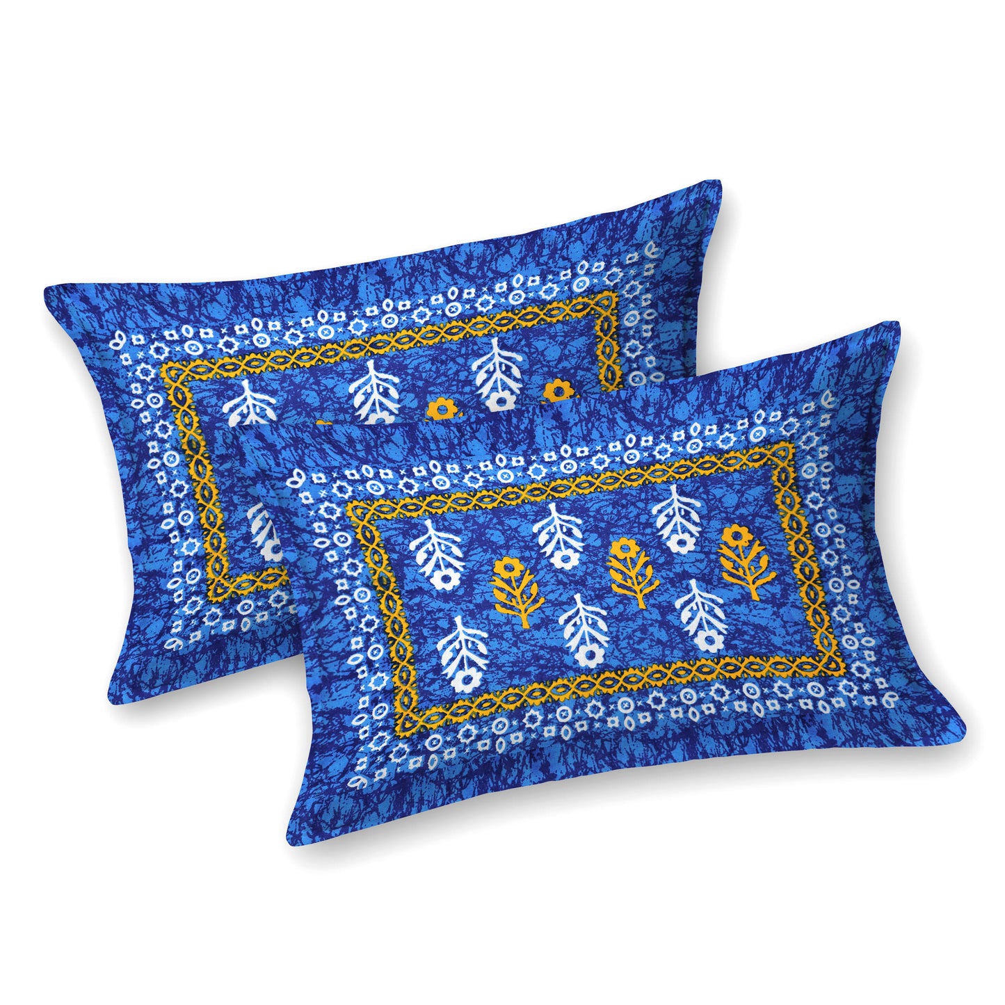Motif Printed Jaipuri Cotton Double Bedsheet with 2 Pillow Covers ( Blue)