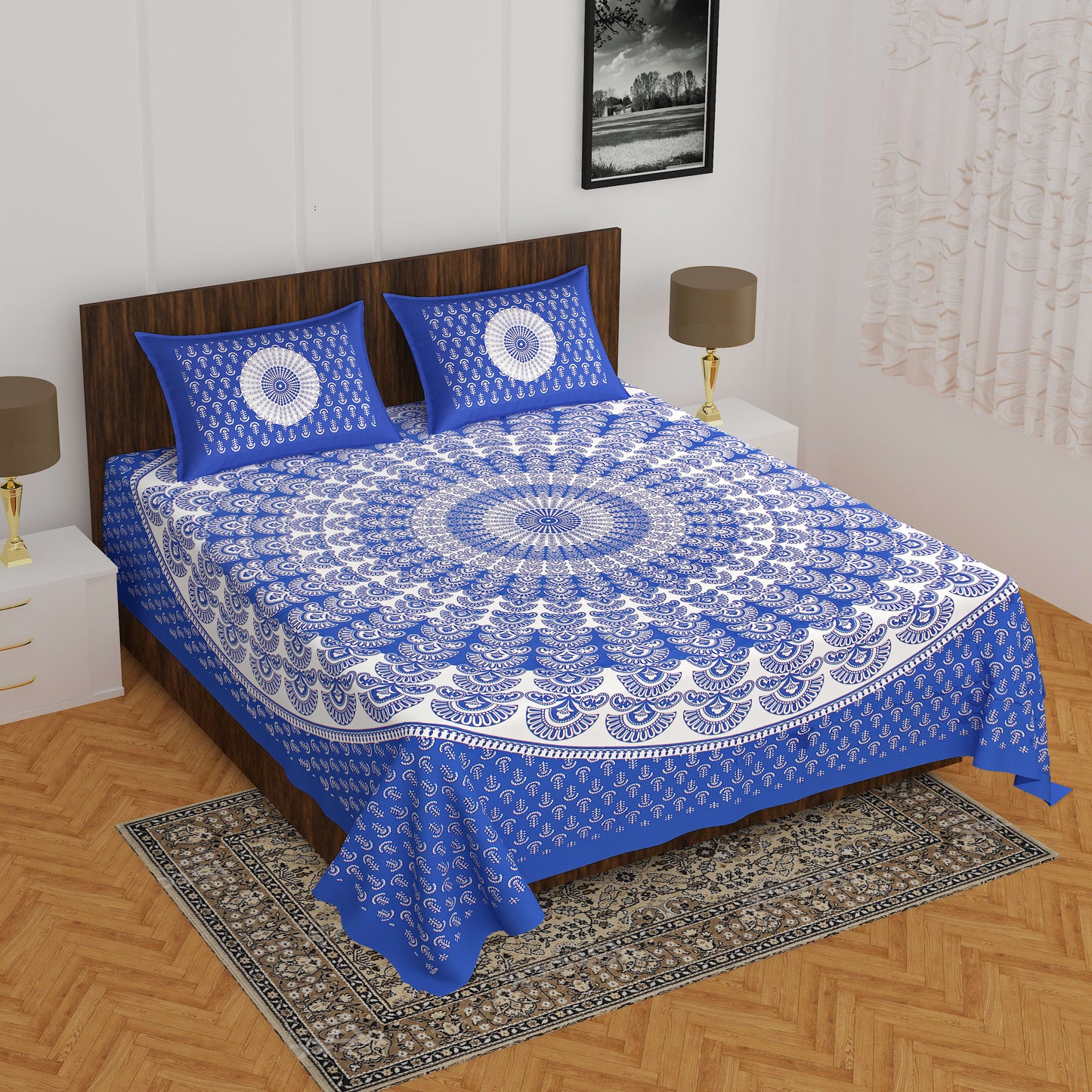 Cotton Printed Double Bedsheet (Blue)