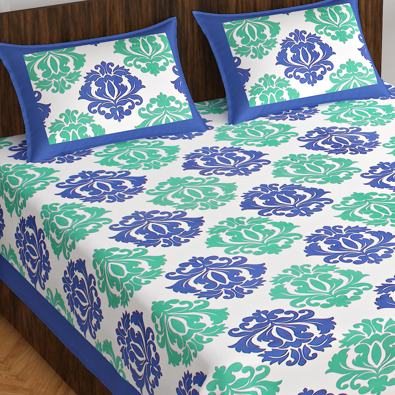 Jaipuri Prints Cotton Double Bedsheet (Blue)