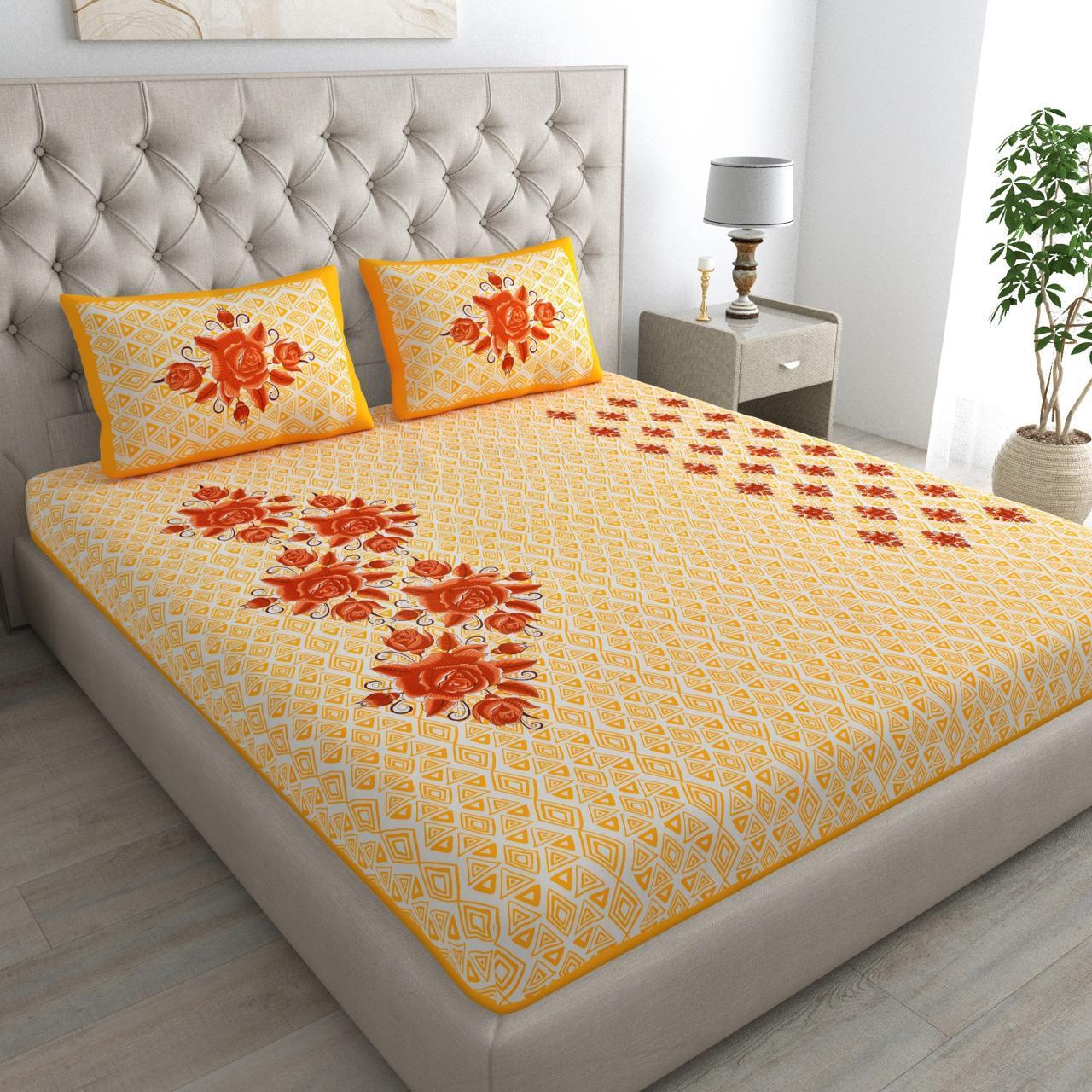 Floral Print Cotton Double Bed Sheet (Yellow)