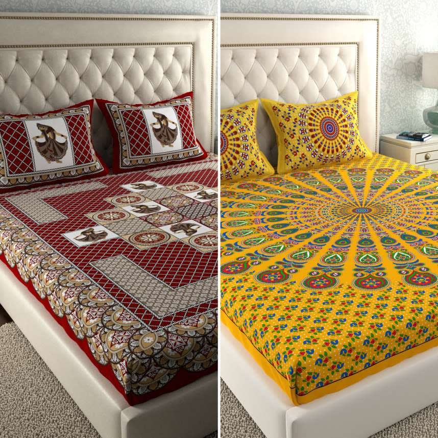 PACK OF -2  COMBO JAIPURI TRADITIONAL SANGANERI 2 BEDSHEET WITH 4 PILLOW COVER