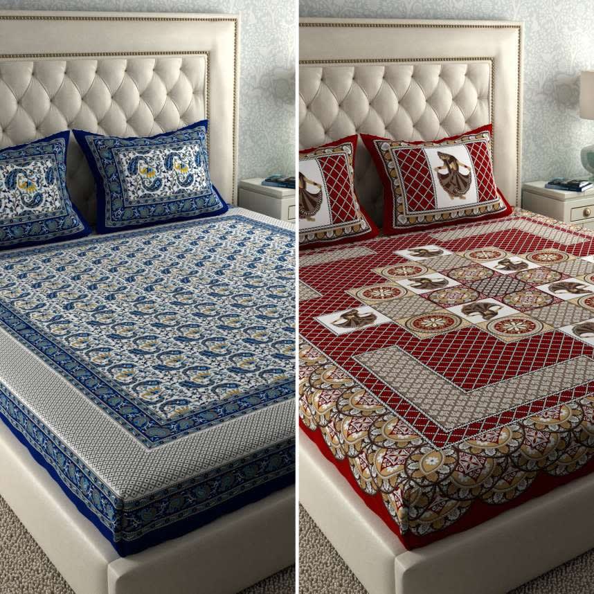 PACK OF -2  COMBO JAIPURI TRADITIONAL SANGANERI 2 BEDSHEET WITH 4 PILLOW COVER