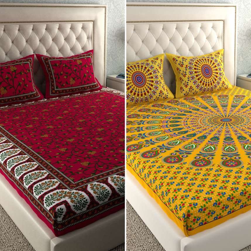 PACK OF -2  COMBO JAIPURI TRADITIONAL SANGANERI 2 BEDSHEET WITH 4 PILLOW COVER