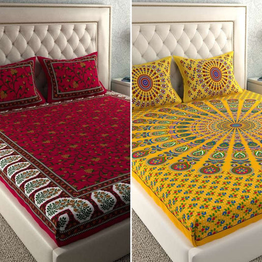 PACK OF -2  COMBO JAIPURI TRADITIONAL SANGANERI 2 BEDSHEET WITH 4 PILLOW COVER
