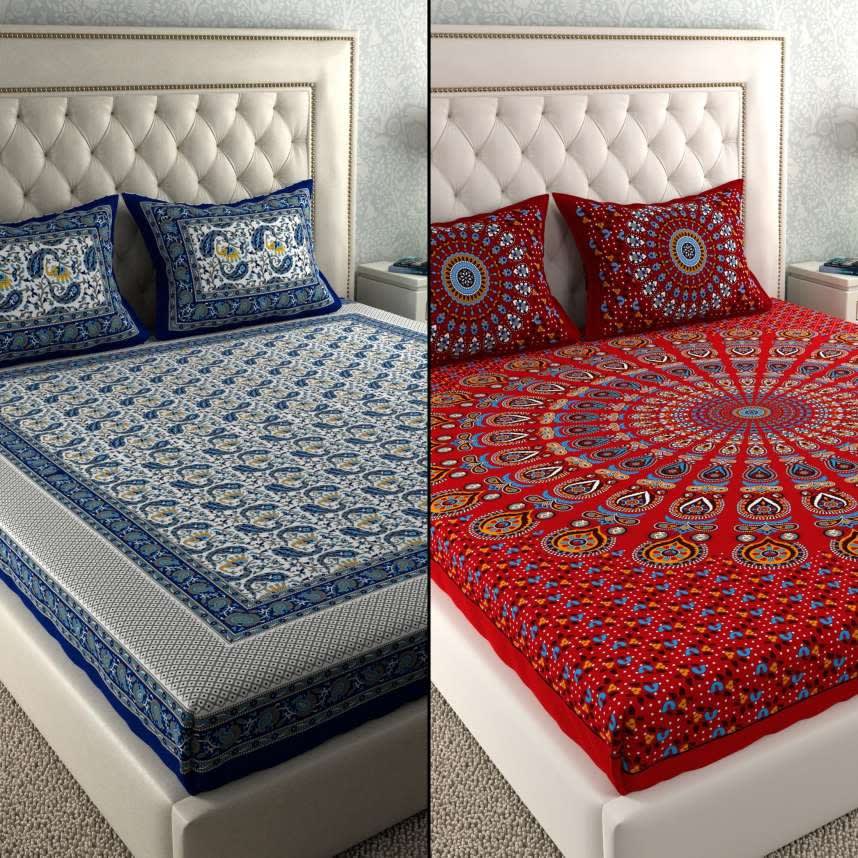 PACK OF -2  COMBO JAIPURI TRADITIONAL SANGANERI 2 BEDSHEET WITH 4 PILLOW COVER