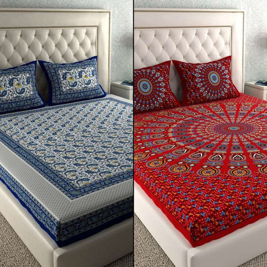 PACK OF -2  COMBO JAIPURI TRADITIONAL SANGANERI 2 BEDSHEET WITH 4 PILLOW COVER
