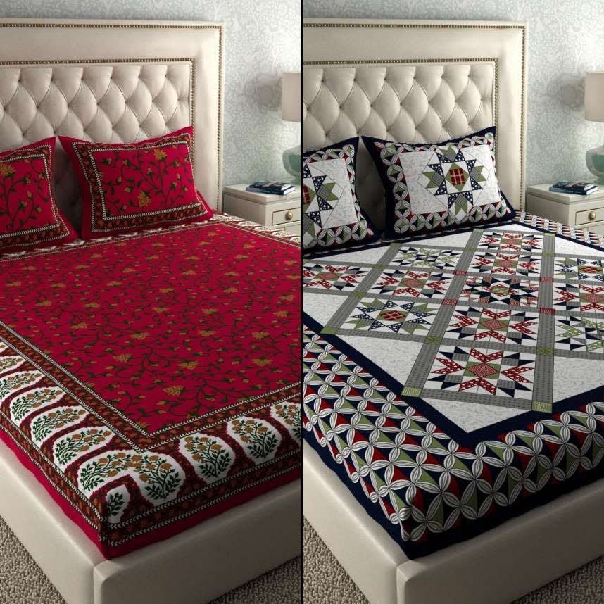 PACK OF -2  COMBO JAIPURI TRADITIONAL SANGANERI 2 BEDSHEET WITH 4 PILLOW COVER