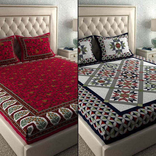 PACK OF -2  COMBO JAIPURI TRADITIONAL SANGANERI 2 BEDSHEET WITH 4 PILLOW COVER
