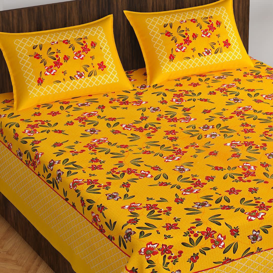 100% Cotton Floral Double Bedsheet (Yellow)