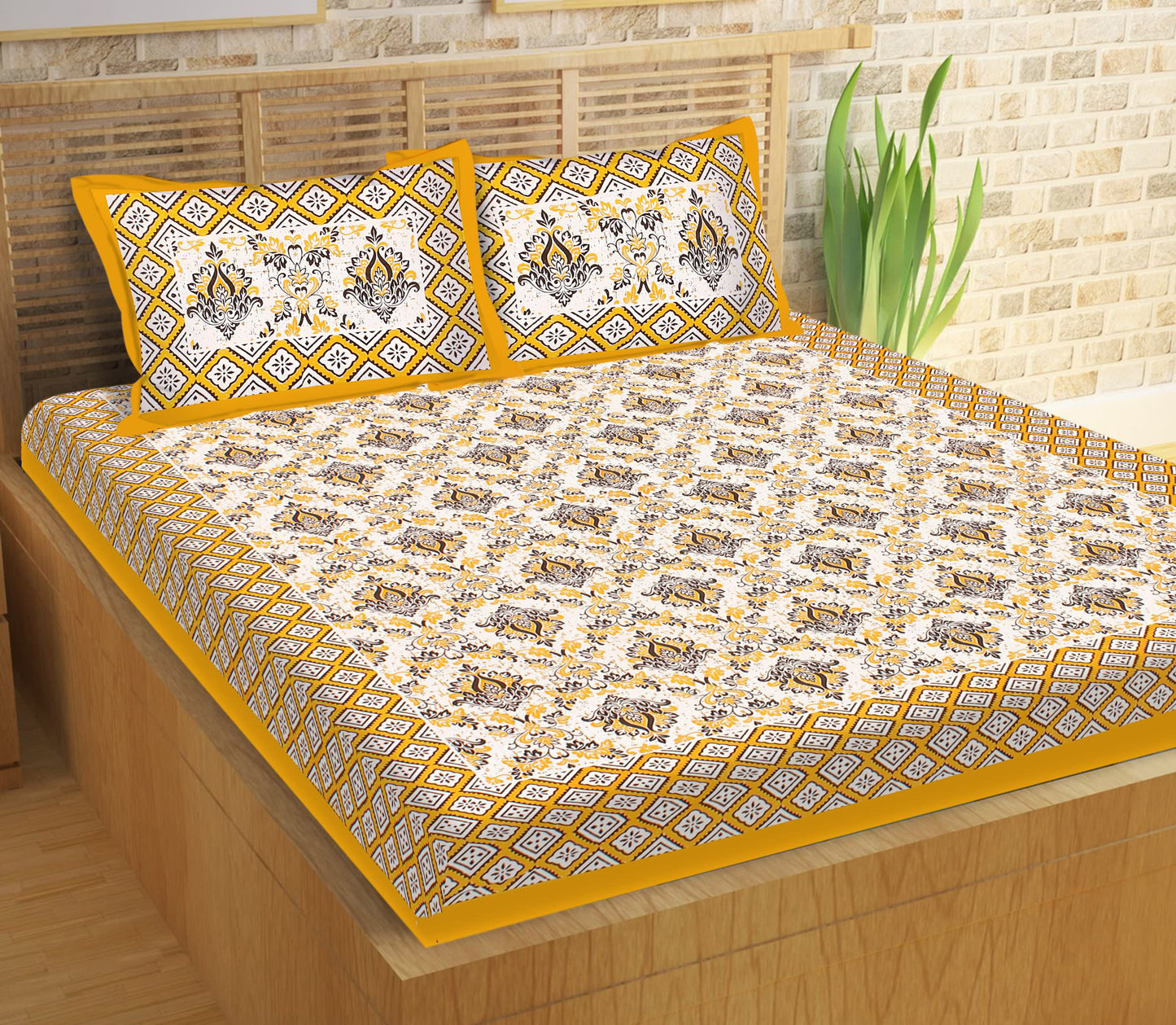 Jaipuri Prints Cotton Double Bedsheet (Yellow)