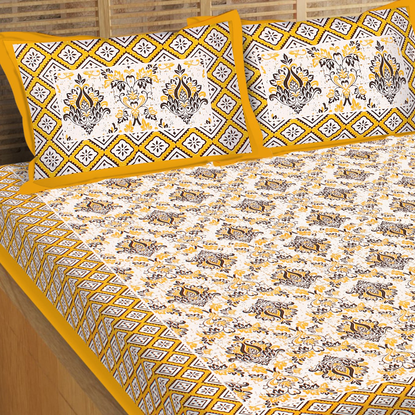 Jaipuri Prints Cotton Double Bedsheet (Yellow)