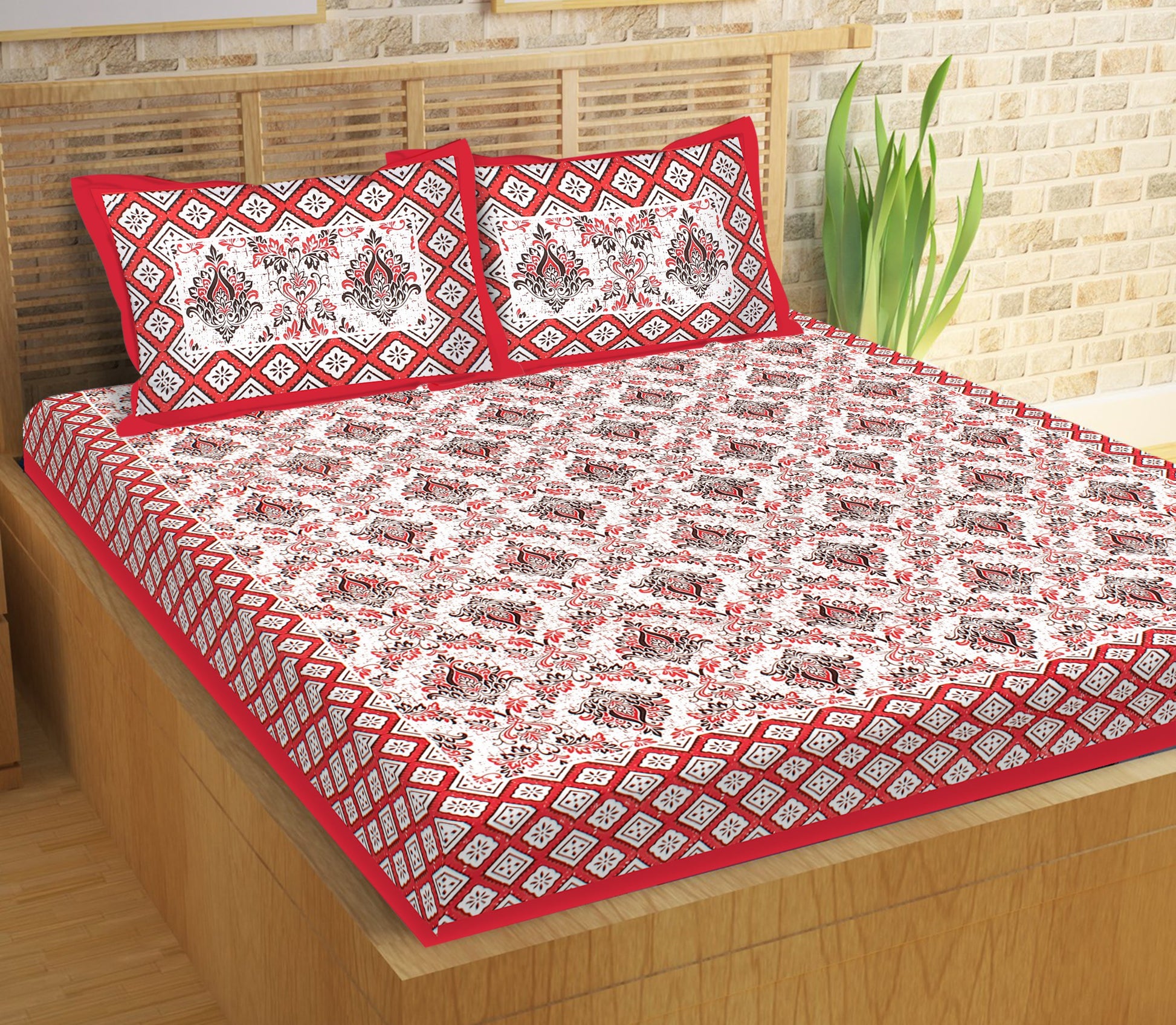 Cotton Printed Double Bedsheet (Red)