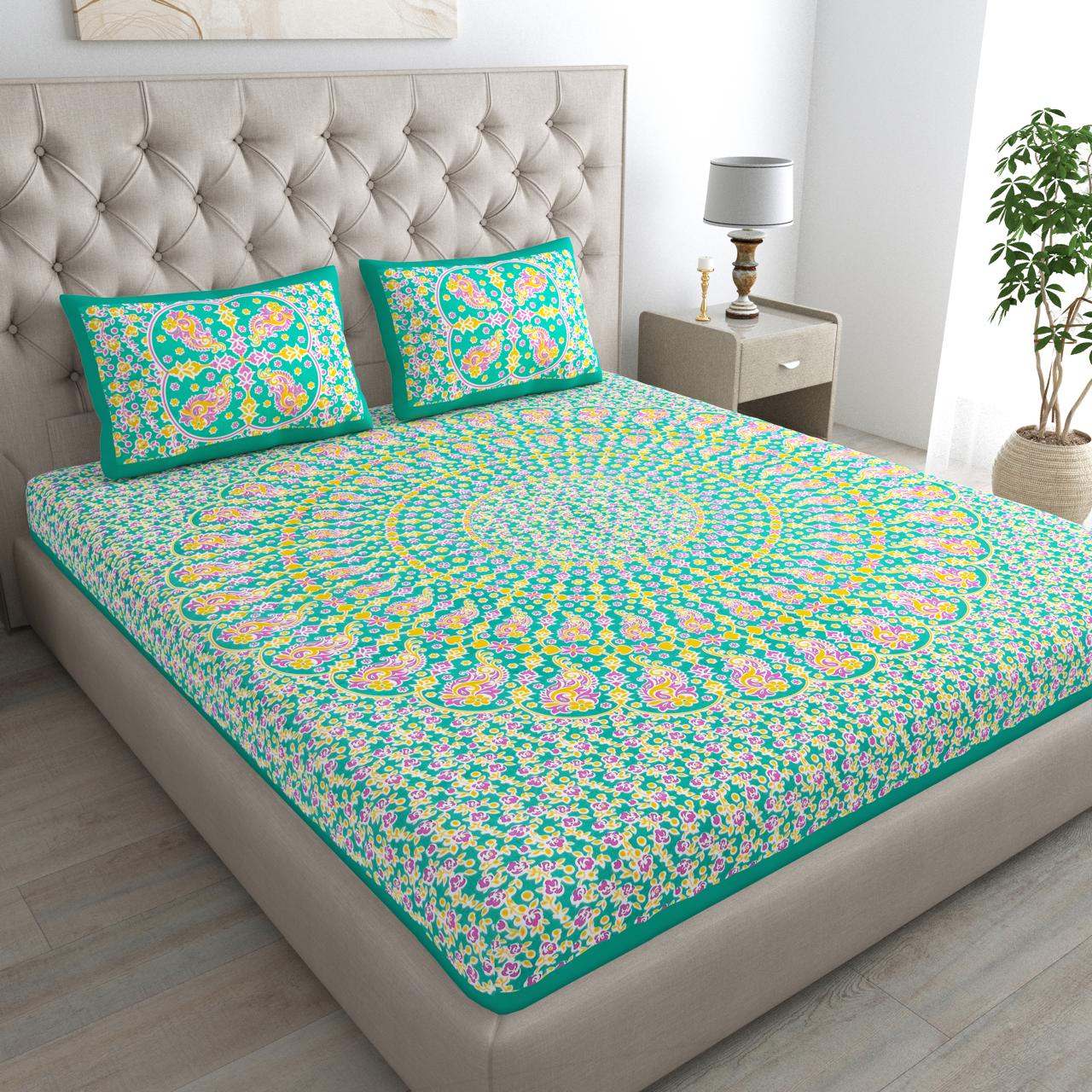 Peacock Paradise Cotton Double Bedsheet with 2 Pillow Covers