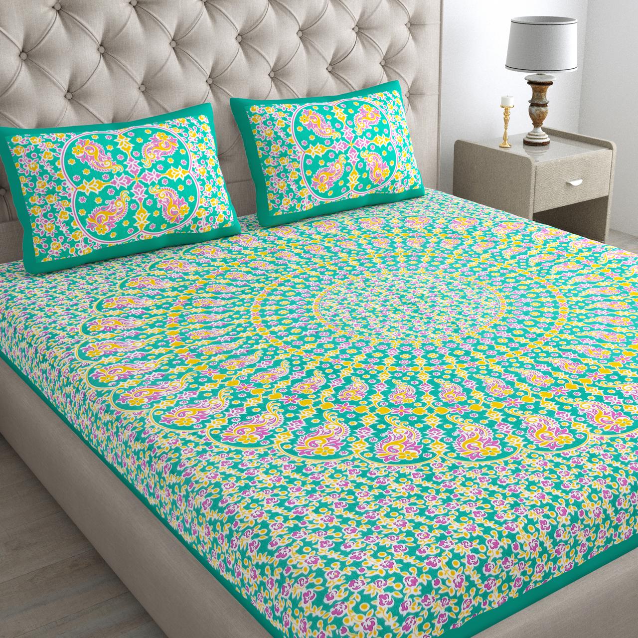 Peacock Paradise Cotton Double Bedsheet with 2 Pillow Covers