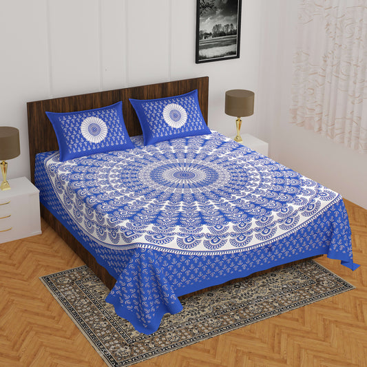 100% Cotton Printed Double Bedsheet (Blue)