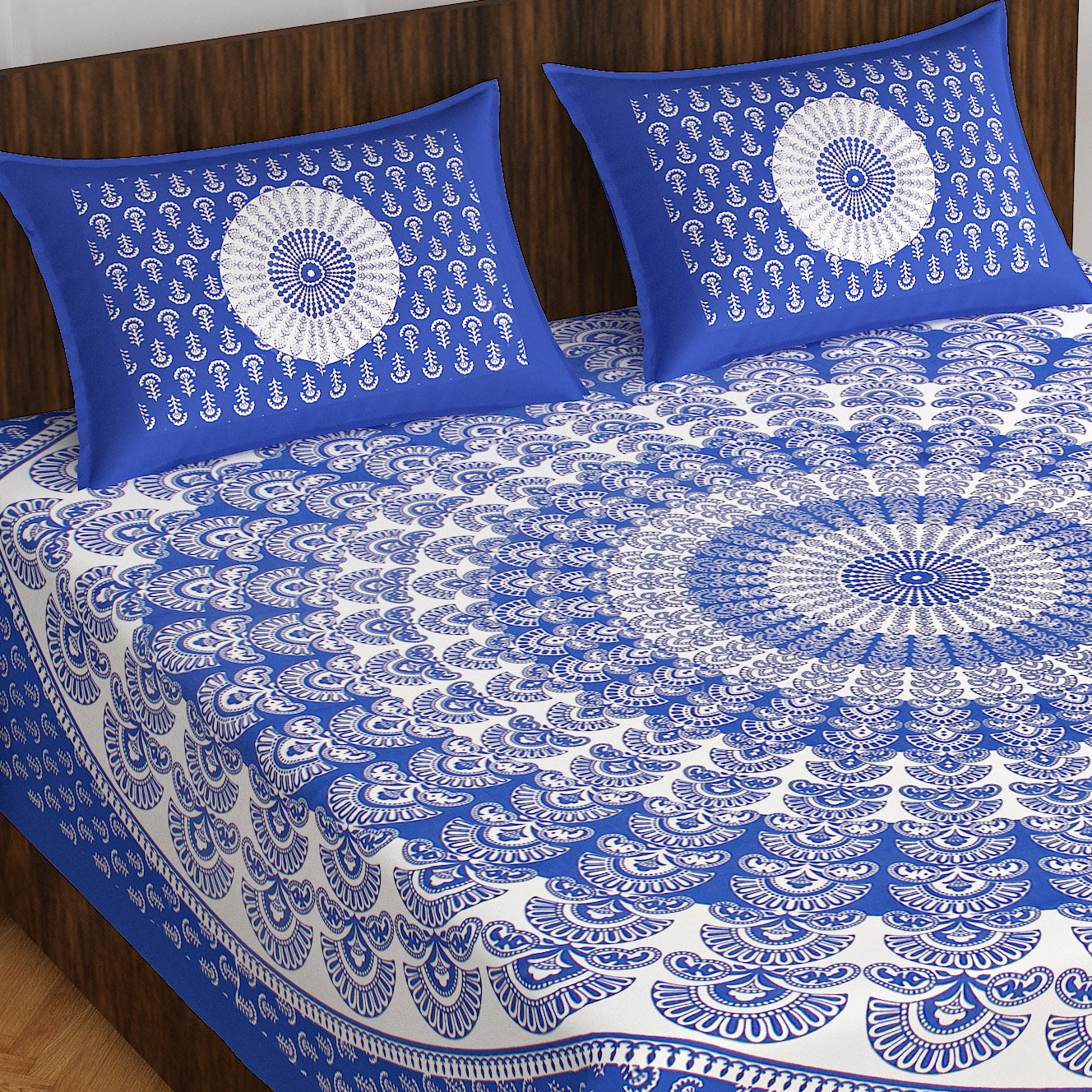 100% Cotton Printed Double Bedsheet (Blue)
