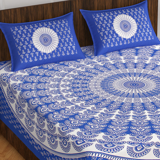 100% Cotton Printed Double Bedsheet (Blue)