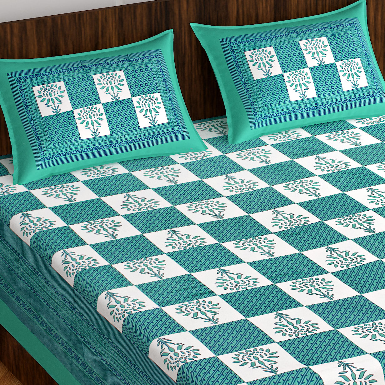 Jaipuri Prints Cotton Double Bedsheet (Green)