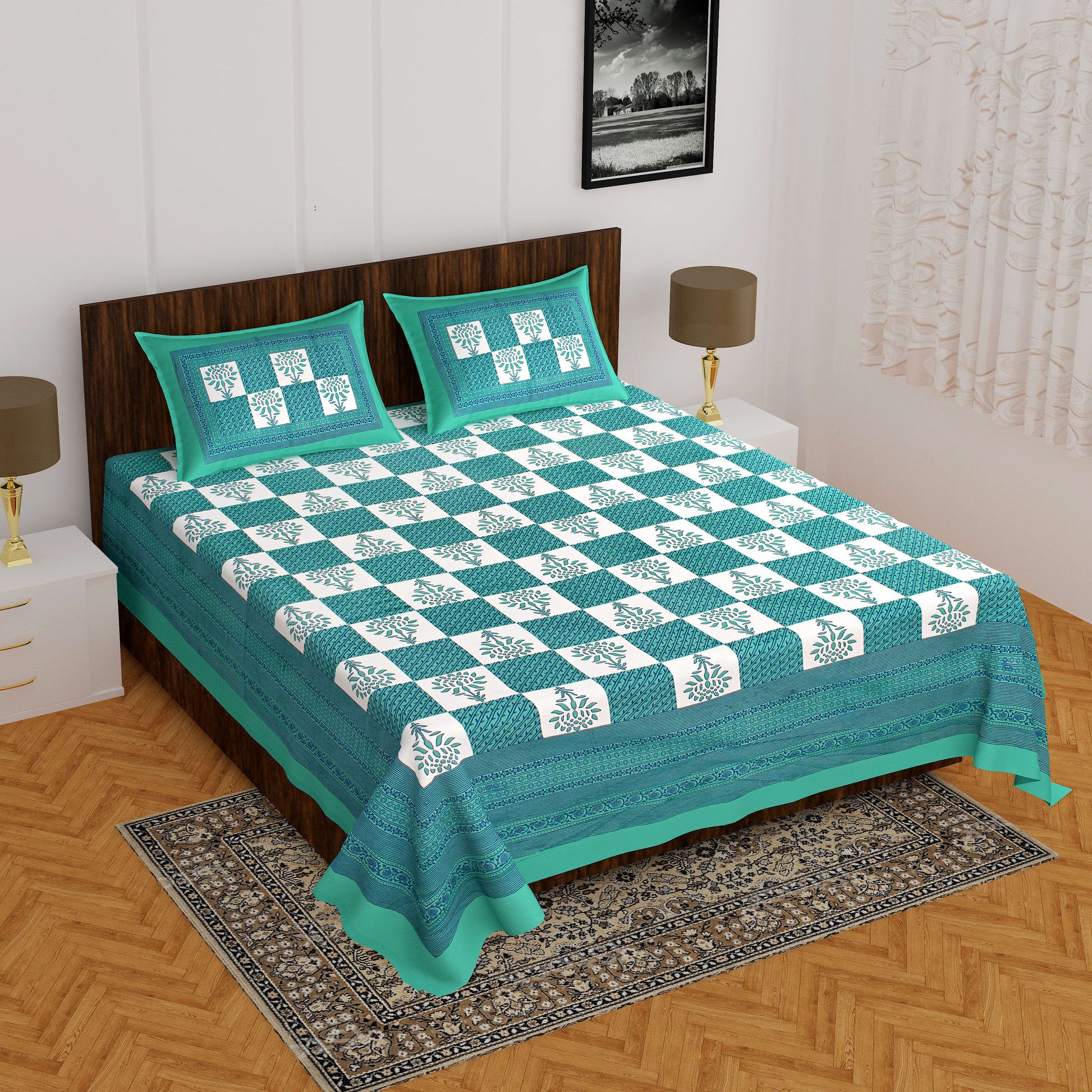 Jaipuri Prints Cotton Double Bedsheet (Green)