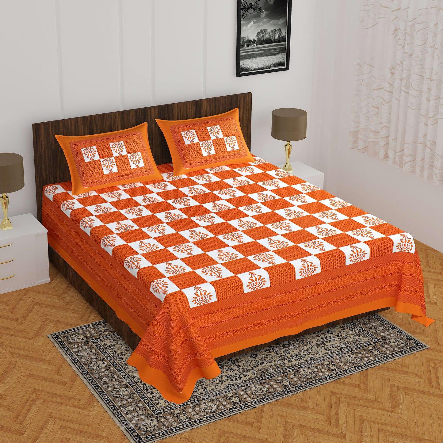 100% Cotton Printed Double Bedsheet (Orange)