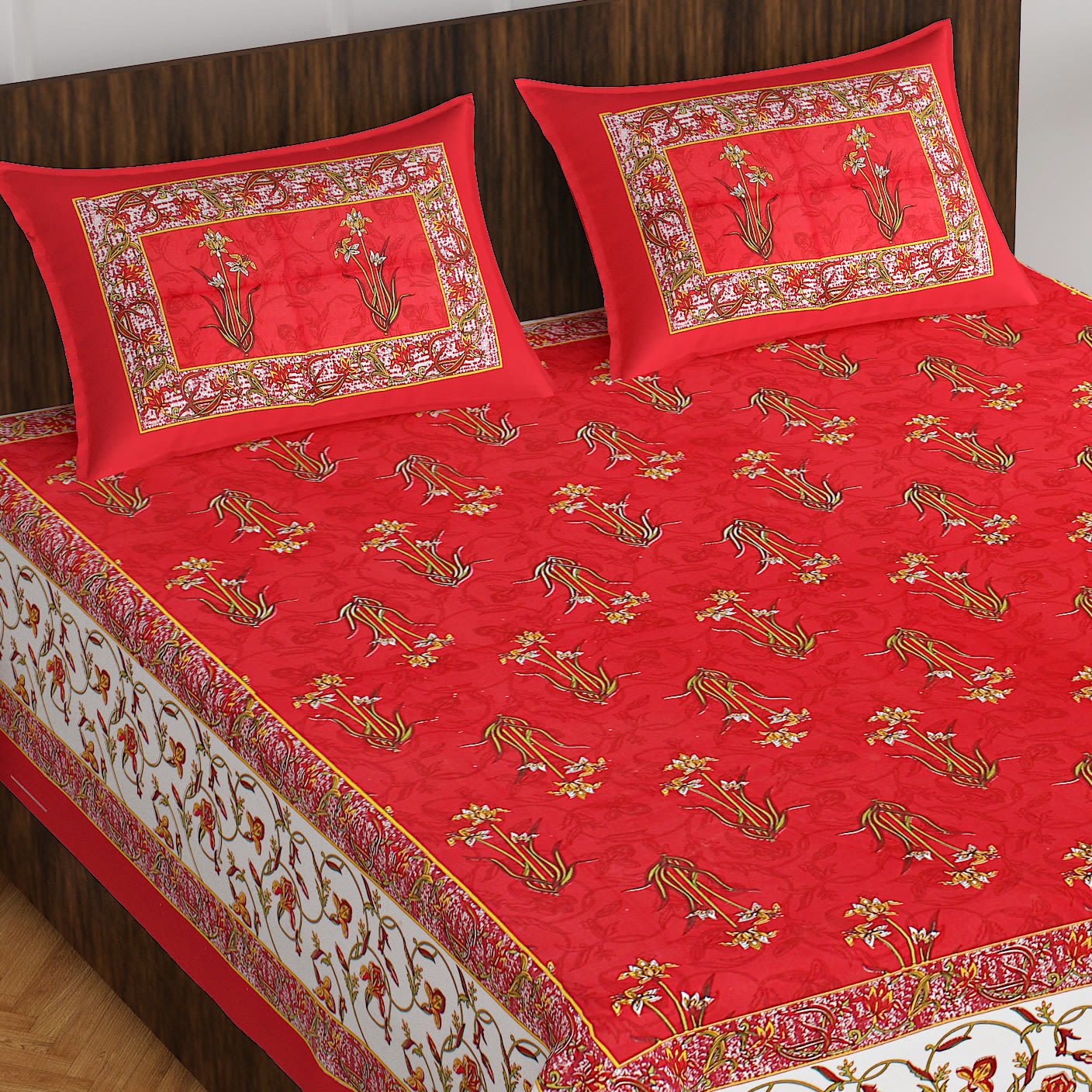 100% Cotton Printed Double Bedsheet (Red)