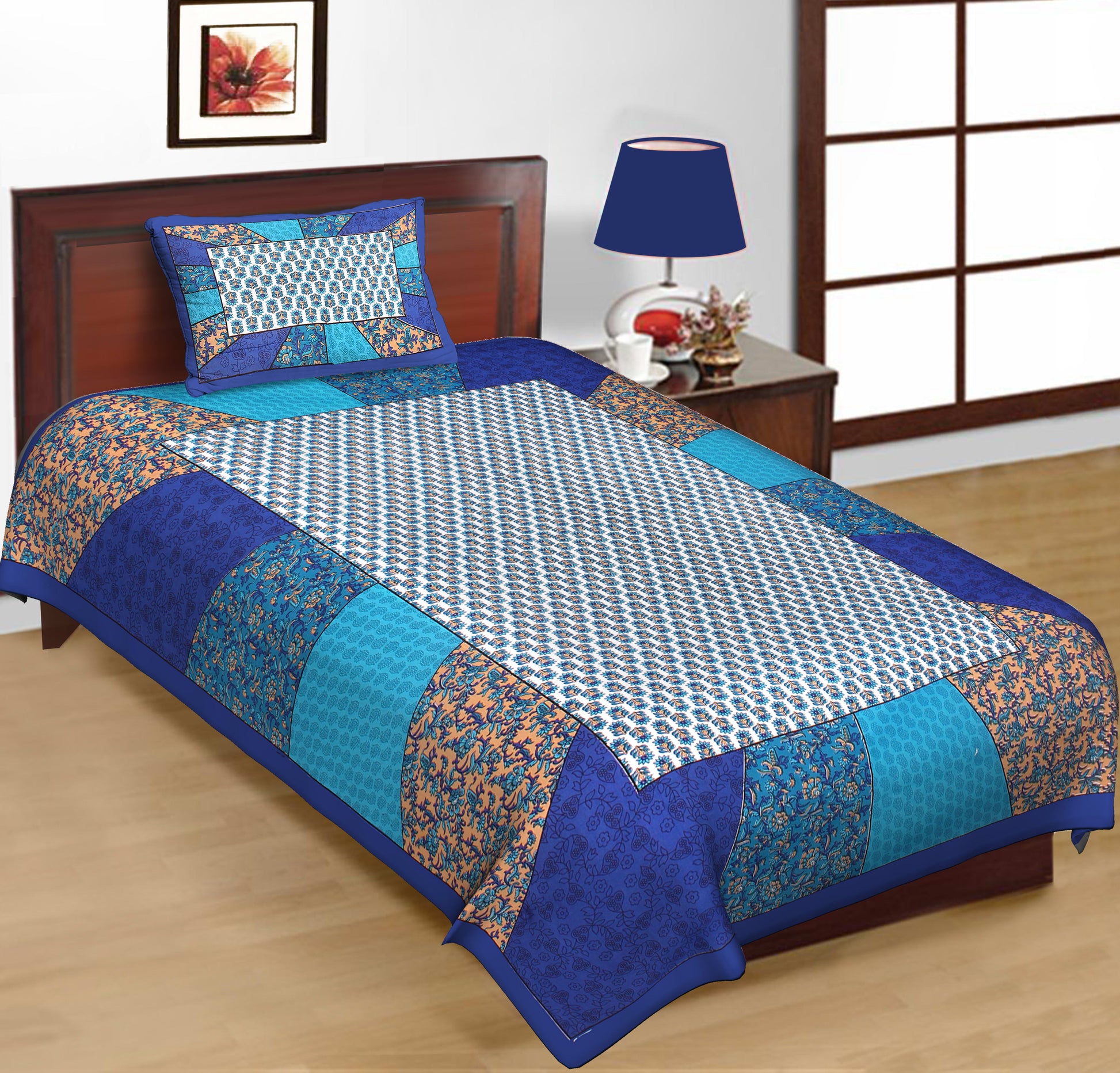 100% Cotton Printed Single Bedsheet (Blue)
