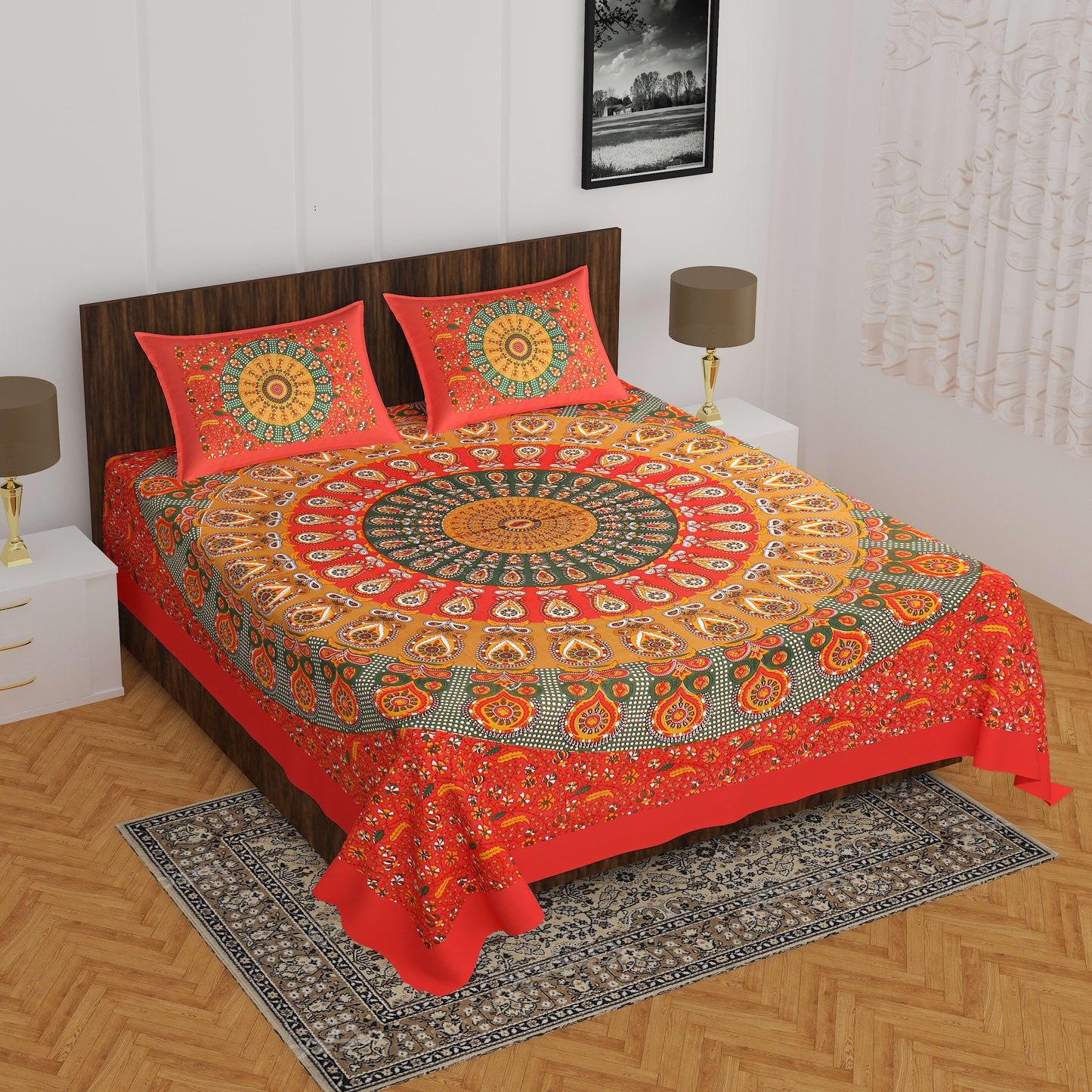 100% Cotton Printed Double Bedsheet (Red)