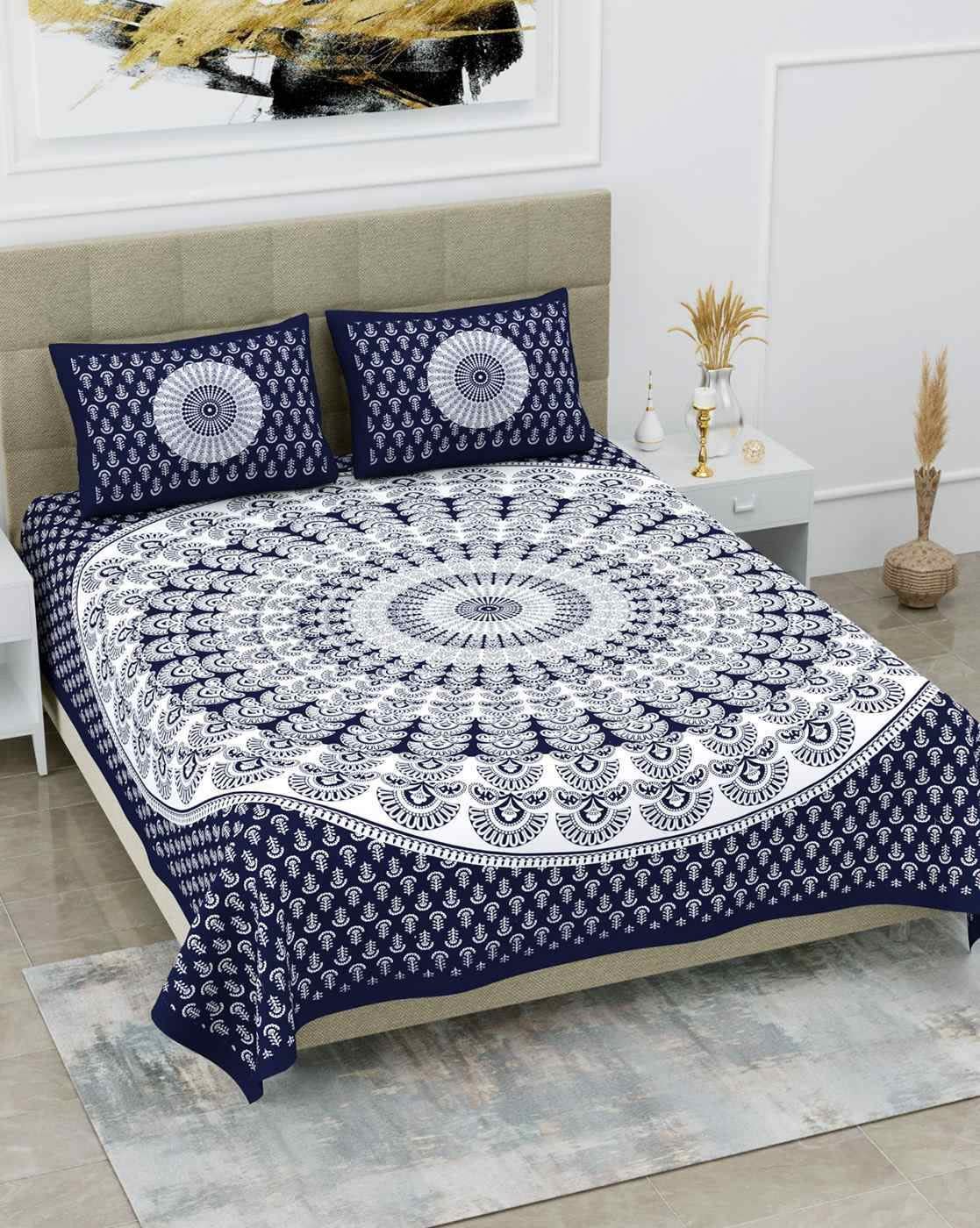 Jaipur Print  Cotton Double Printed Flat Bedsheet  (Pack of 1, Blue)