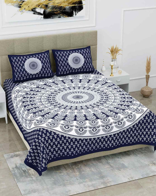 Jaipur Print  Cotton Double Printed Flat Bedsheet  (Pack of 1, Blue)