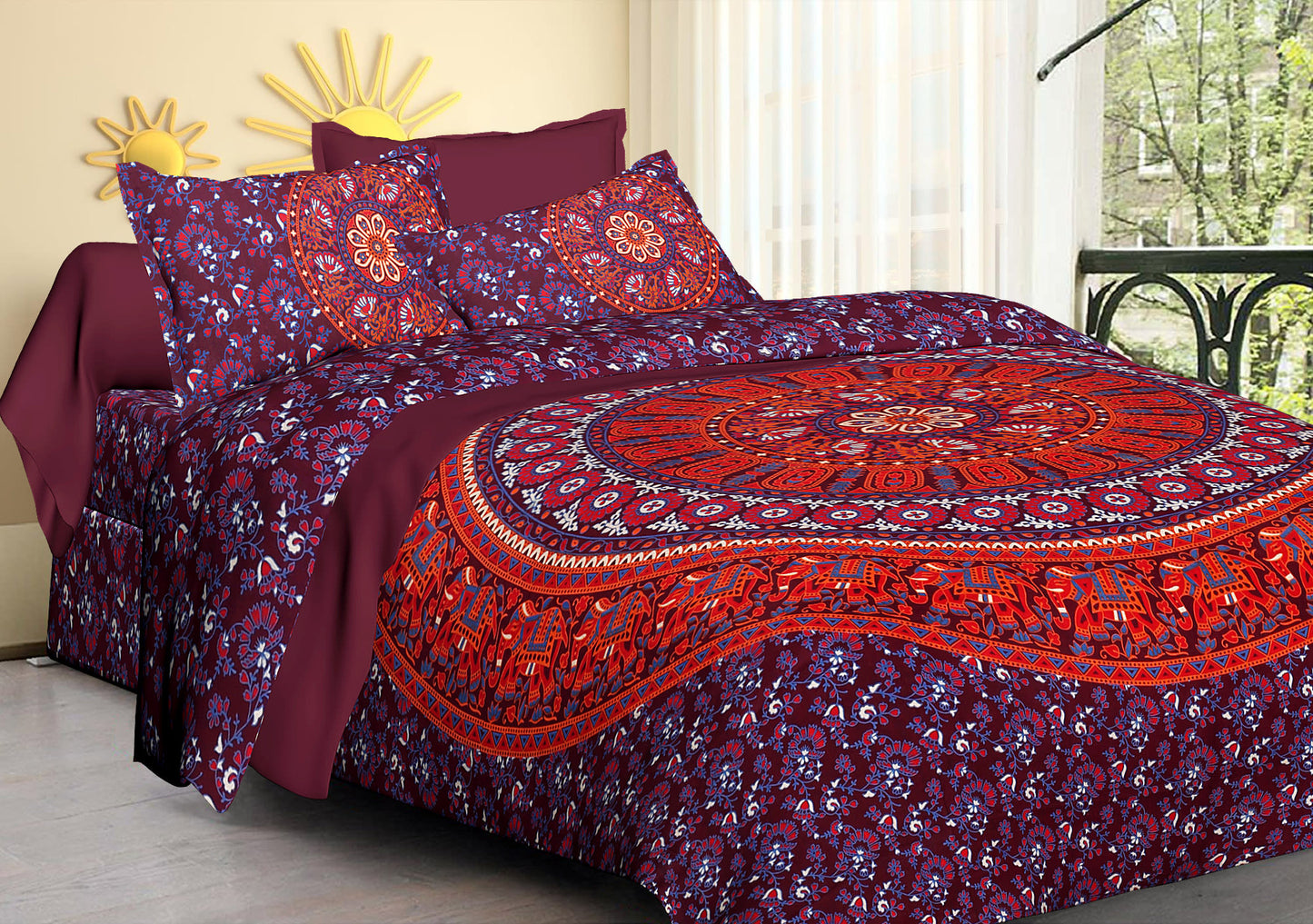 100% Cotton Printed King Bedsheet ( Maroon)