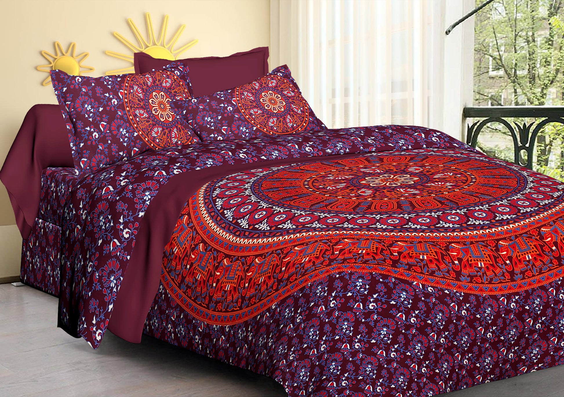 100% Cotton Printed King Bedsheet ( Maroon)