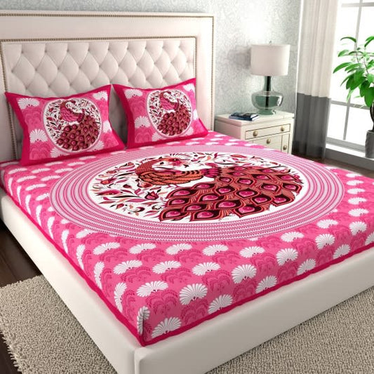 Rajasthani Jaipuri Traditional Double Bed Bedsheet with 2 Pillow Covers - ( Pink)