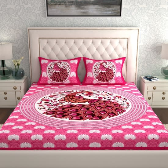 Rajasthani Jaipuri Traditional Double Bed Bedsheet with 2 Pillow Covers - ( Pink)