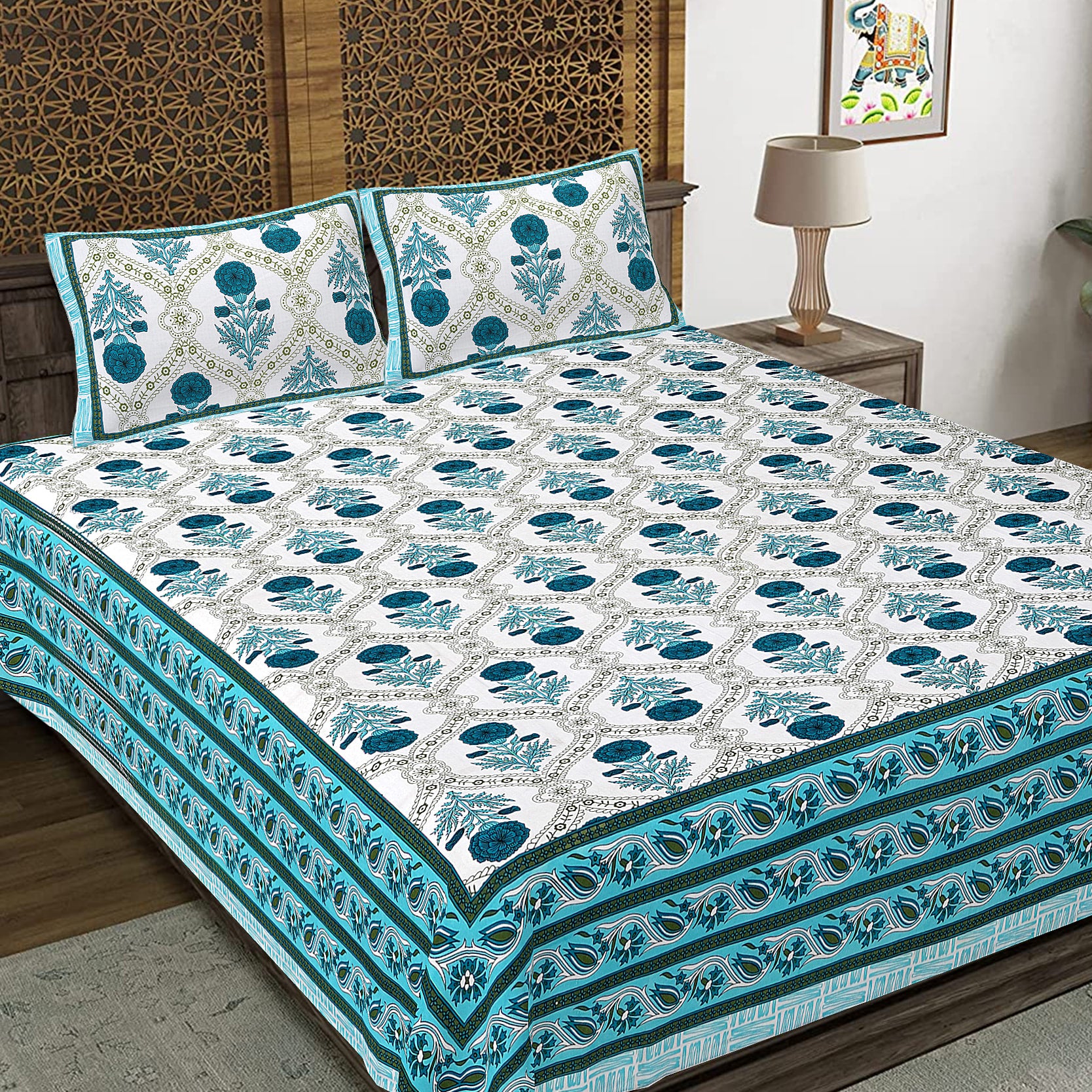Rajasthan Royal Super Fine Cotton Block Print King Size Bedsheet