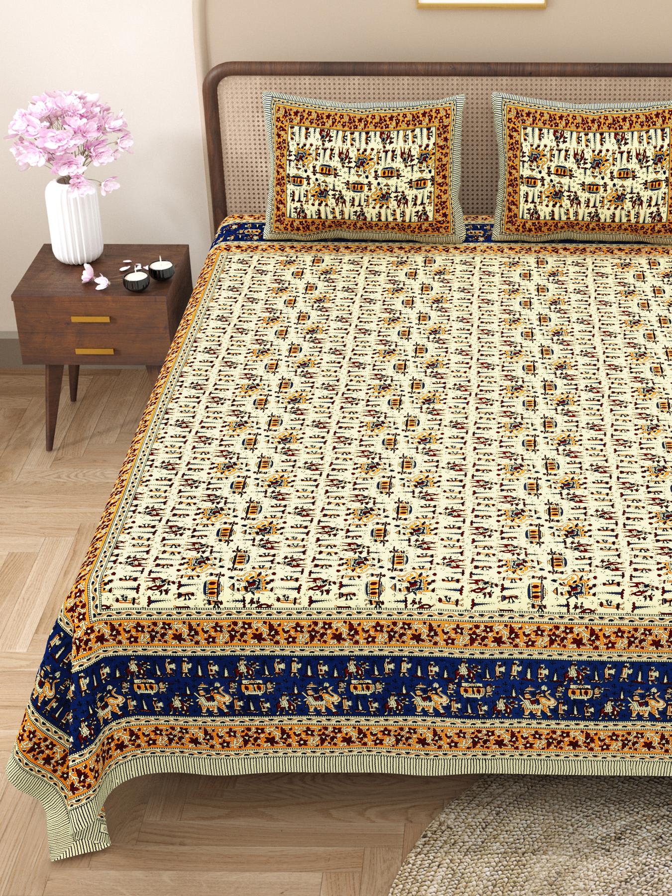 Rajasthani Cotton King Size Printed Flat Bedsheet  90*108 With 2 Zipper Pillow Cover
