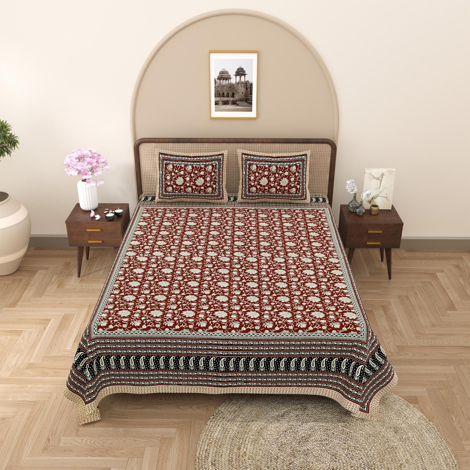 Rajasthani Cotton King Size Printed Flat Bedsheet  90*108 With 2 Zipper Pillow Cover