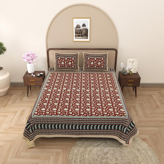 Rajasthani Cotton King Size Printed Flat Bedsheet  90*108 With 2 Zipper Pillow Cover